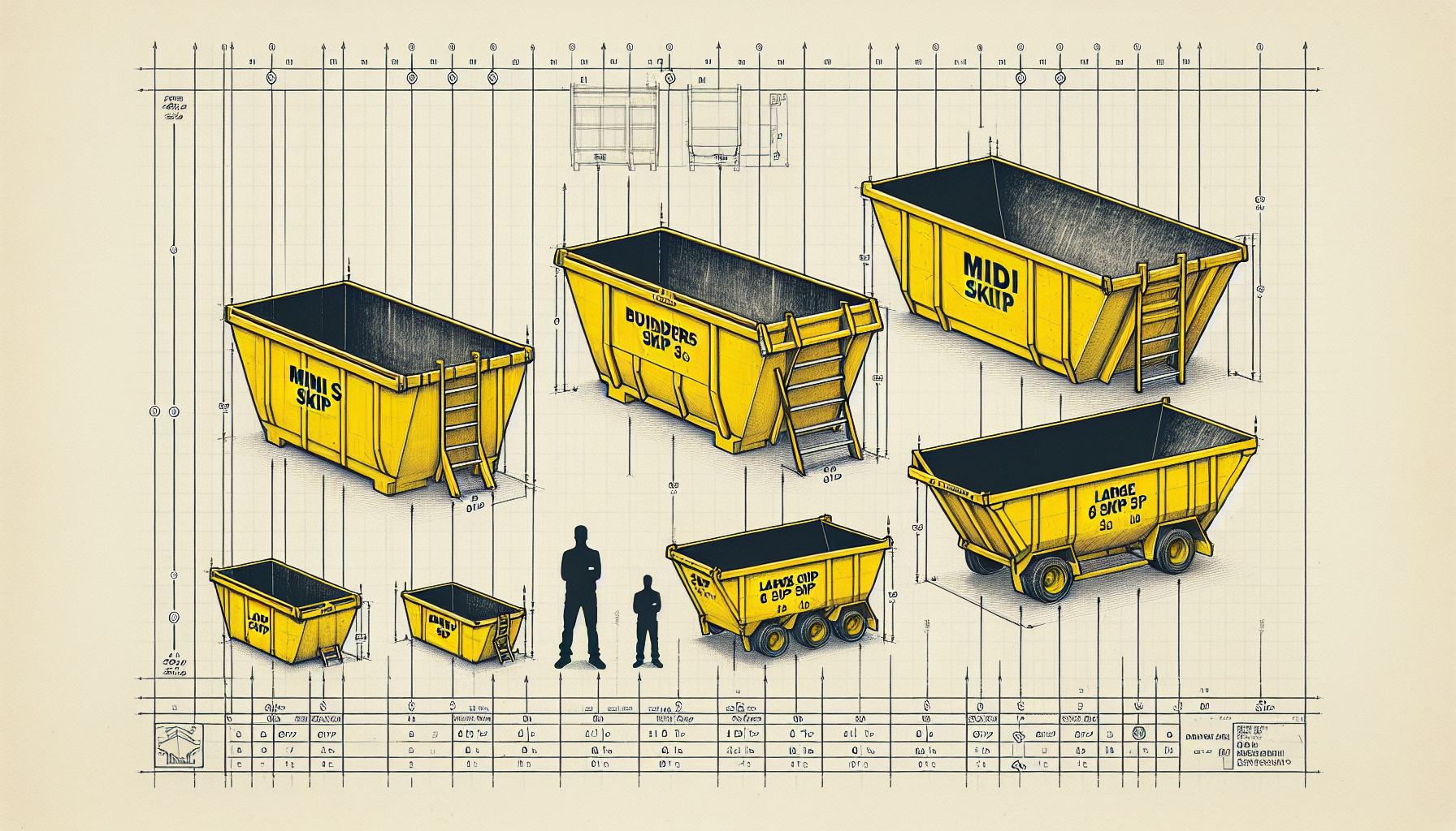 Skip size comparison diagram showing mini (2yd), midi (4yd), builders (6yd), large (8yd) and maxi (12yd) skips side by side with a human figure for scale