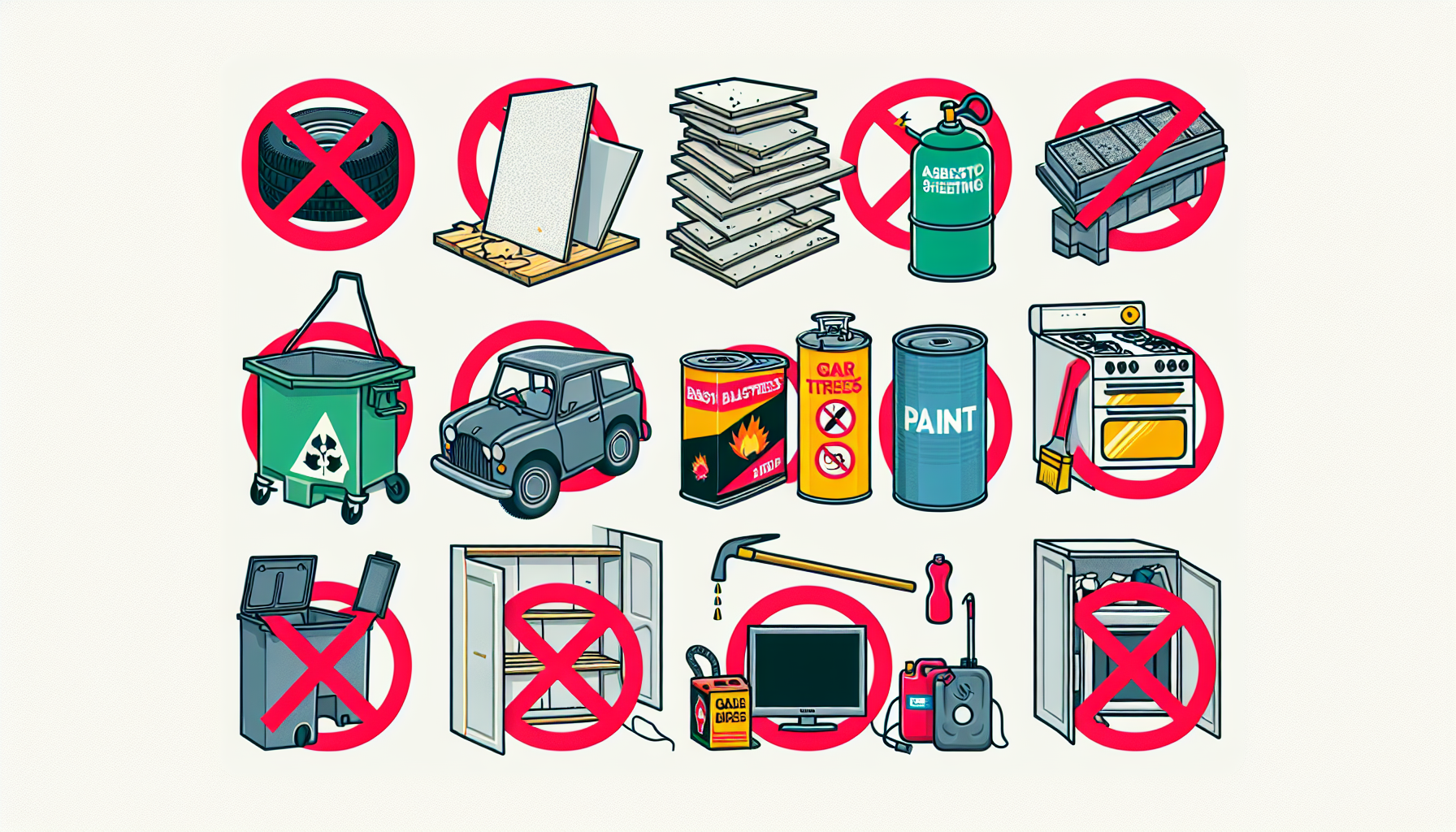 Infographic showing items banned from UK skips including asbestos, tyres, batteries, gas canisters, paint, fridges and electrical items